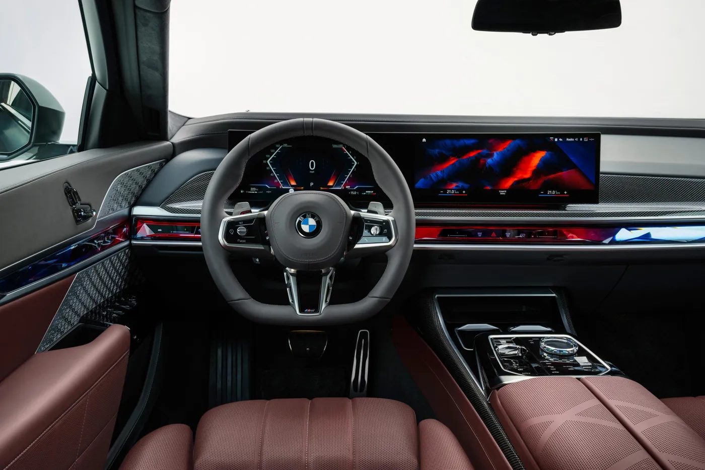 BMW 750e interior with premium leather seating, modern dashboard, and elegant detailing.