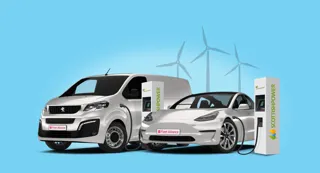 Graphic of electric car and van with wind power generators in background