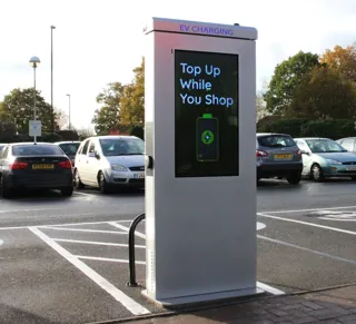 Pod Point EV charger information board in supermarket car park
