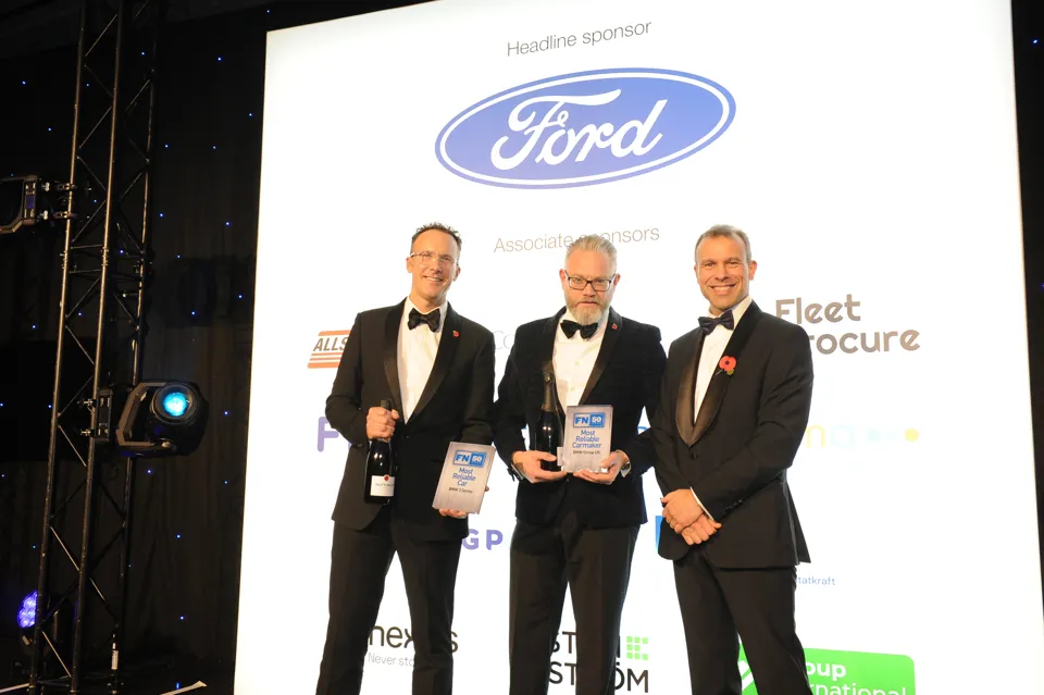 Hall of Fame 2024 inductees Tim Buchan and Mark Hammond receive their trophies from Fleet News editor Stephen Briers (right)