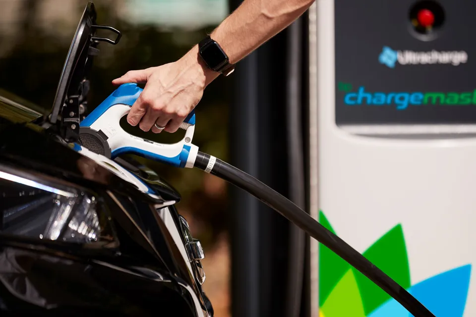 BP Chargemaster charge point being plugged into a car