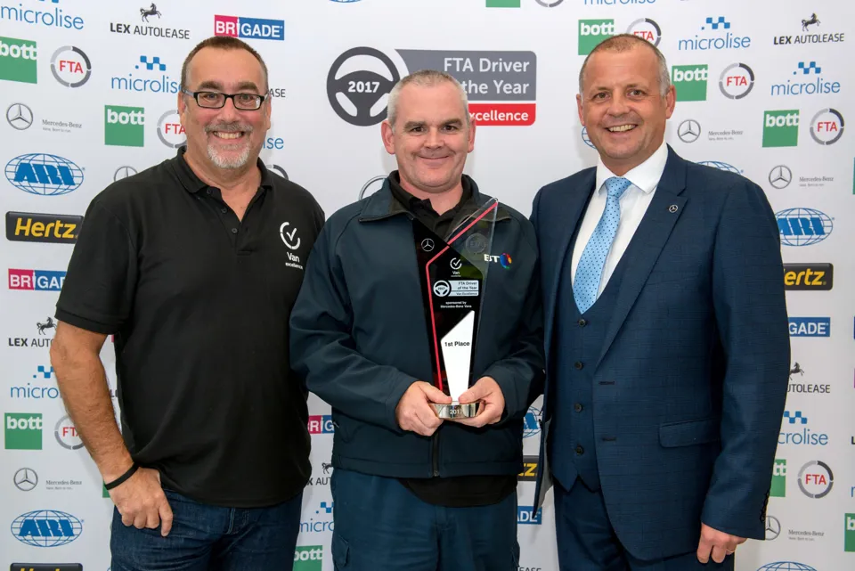 FTA Van Excellence Driver of the Year 2017 Steve Mumford of BT Supply Chain receives his prize from FTA’s Mark Cartwright (left) and Andy Eccles,Mercedes Benz Vans UK.